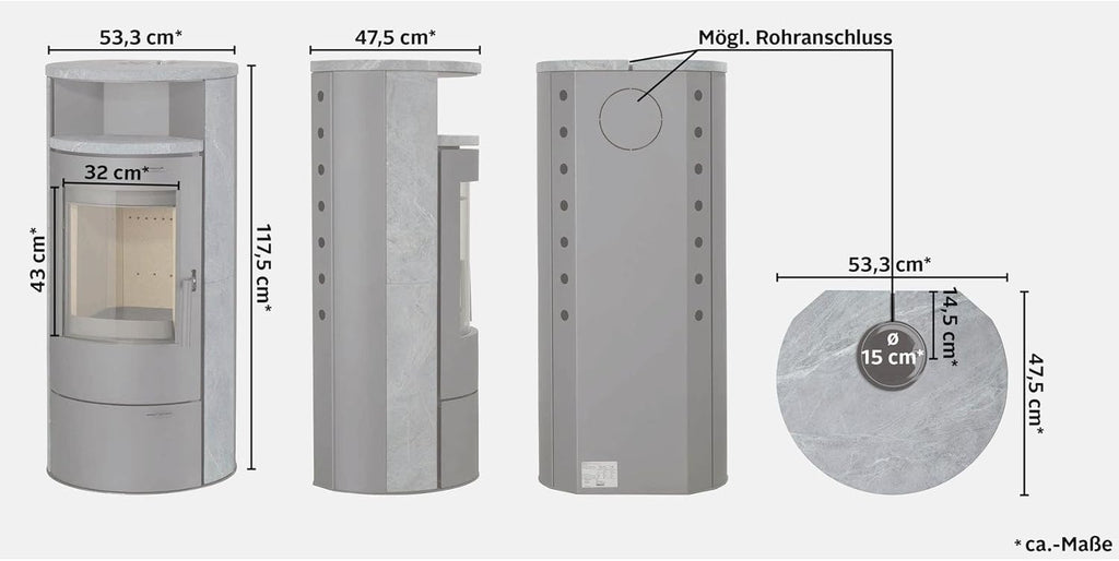 Estufa de leña THERMIA München, piedra natural, 7 kW, combustión continua, automática gris