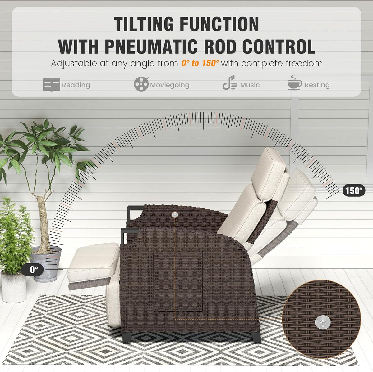Tumbona relax Amopatio, sillón reclinable, tumbona de ratán con respaldo ajustable y mesa plegable, sillón de jardín para exteriores resistente a la intemperie, para terraza, jardín, balcón – Beige y marrón