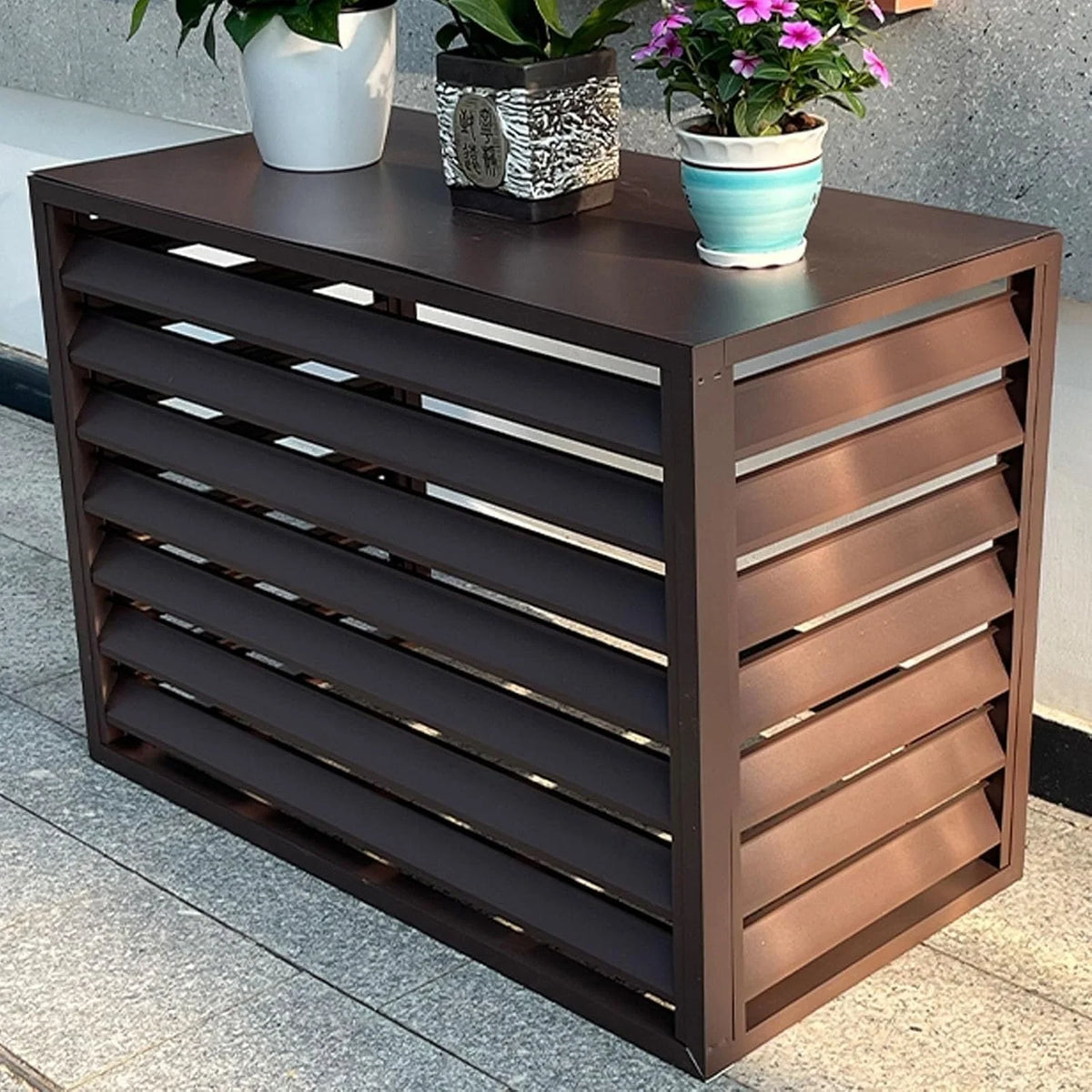 Brązowa, płaska aluminiowa osłona AC i ochrona pompy ciepła, mini dzielona osłona zewnętrzna, półka na rośliny i do redukcji hałasu, odporne na warunki atmosferyczne akcesoria zewnętrzne