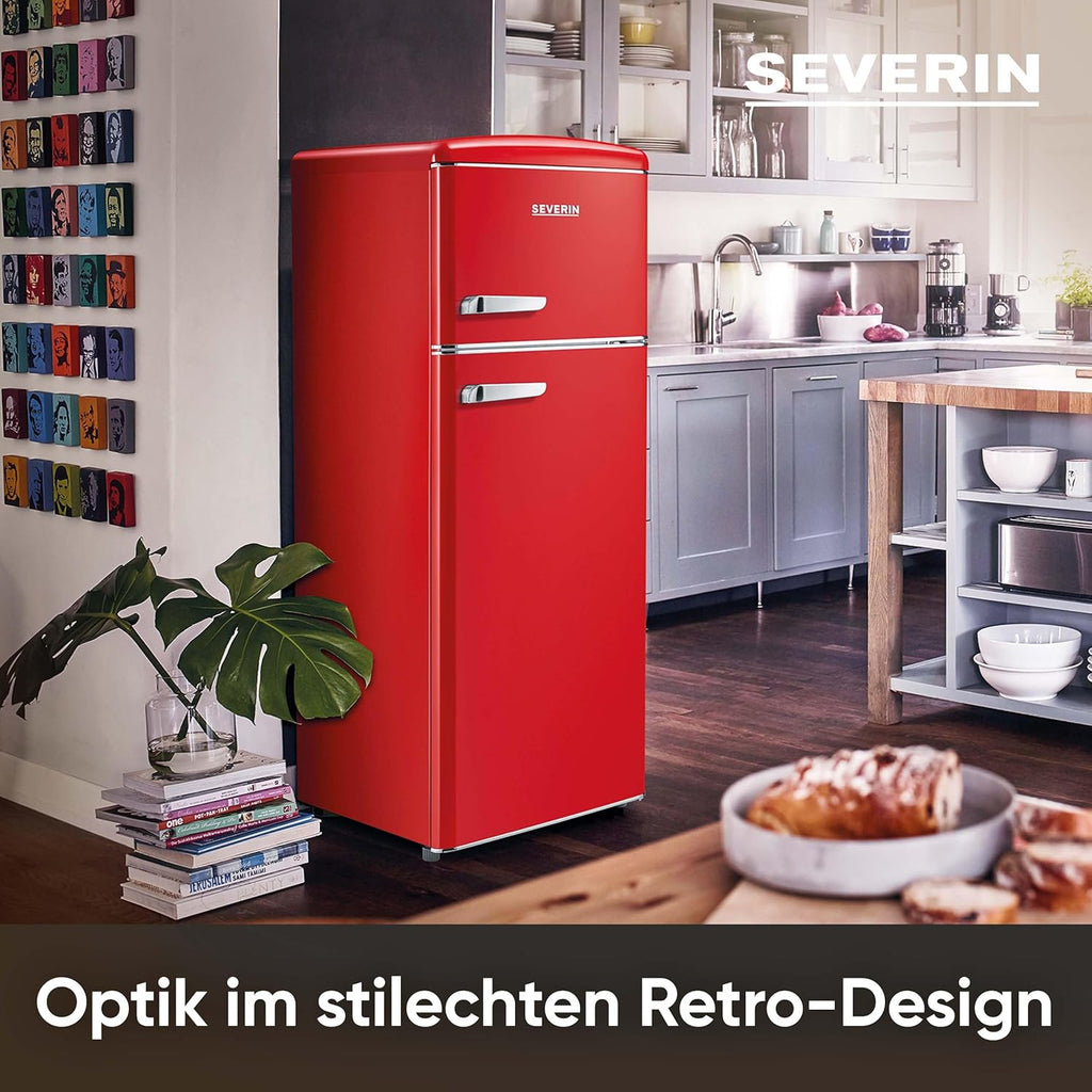SEVERIN Retro - Frigorífico combi, compacto y eficiente, 4 estantes ajustables en altura y una gran cajonera para verduras, 206 L de capacidad útil, color crema, RKG 8933