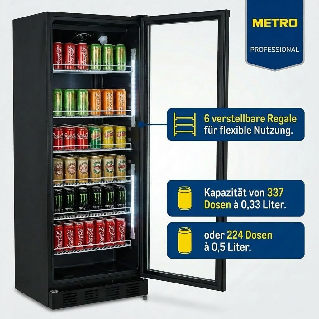 METRO Professional Refrigerador de bebidas GSC4280B, metal/vidrio, 280 L, refrigeración ventilada, 210 W, con cerradura, negro
