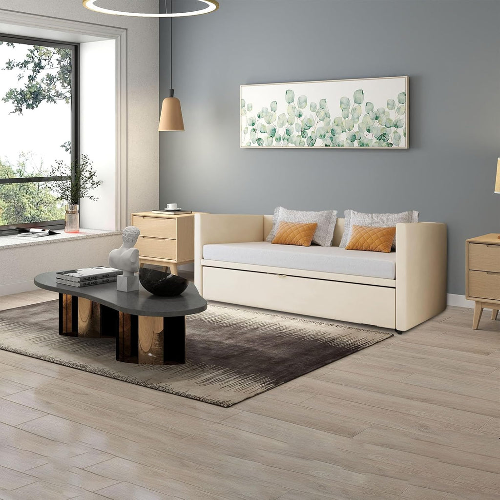 Sofá cama de 200 cm de ancho, sofá cama extraíble, cama abatible con sofá, cama Murphy de 90/180 x 200 cm, cama tapizada tipo diván extraíble con somier, cama de matrimonio, tela de terciopelo, sin colchón (beige)