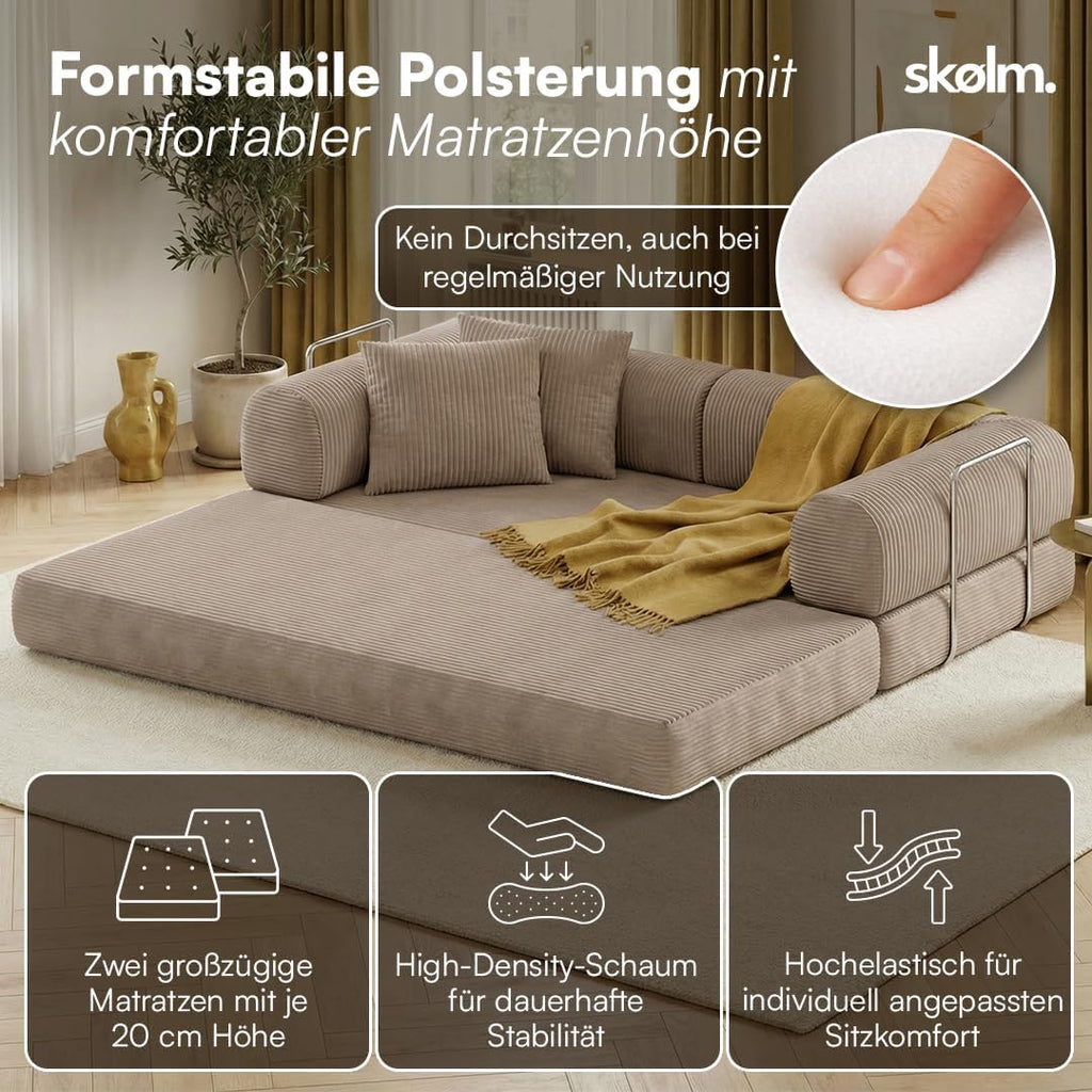skølm Lofn Schlafsofa aus Cord – 2 Sitzer Couch ausklappbar zum Bodensofa – Vollschaumcouch in Taupe 200 cm breit – Klappsofa inkl. 2 Kissen & Stahlgestell – Cordsofa Wohnzimmer – Cloud Couch boneless | ohne Aufbau