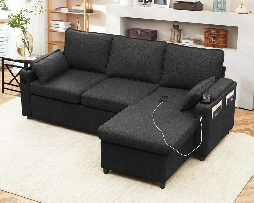 DURASPACE Sofá cama extraíble 2 en 1, sofá seccional con almacenamiento, USB, portavasos, función de dormir y arcón, sofá esquinero con espacio de almacenamiento para apartamento, sala de estar (gris oscuro)