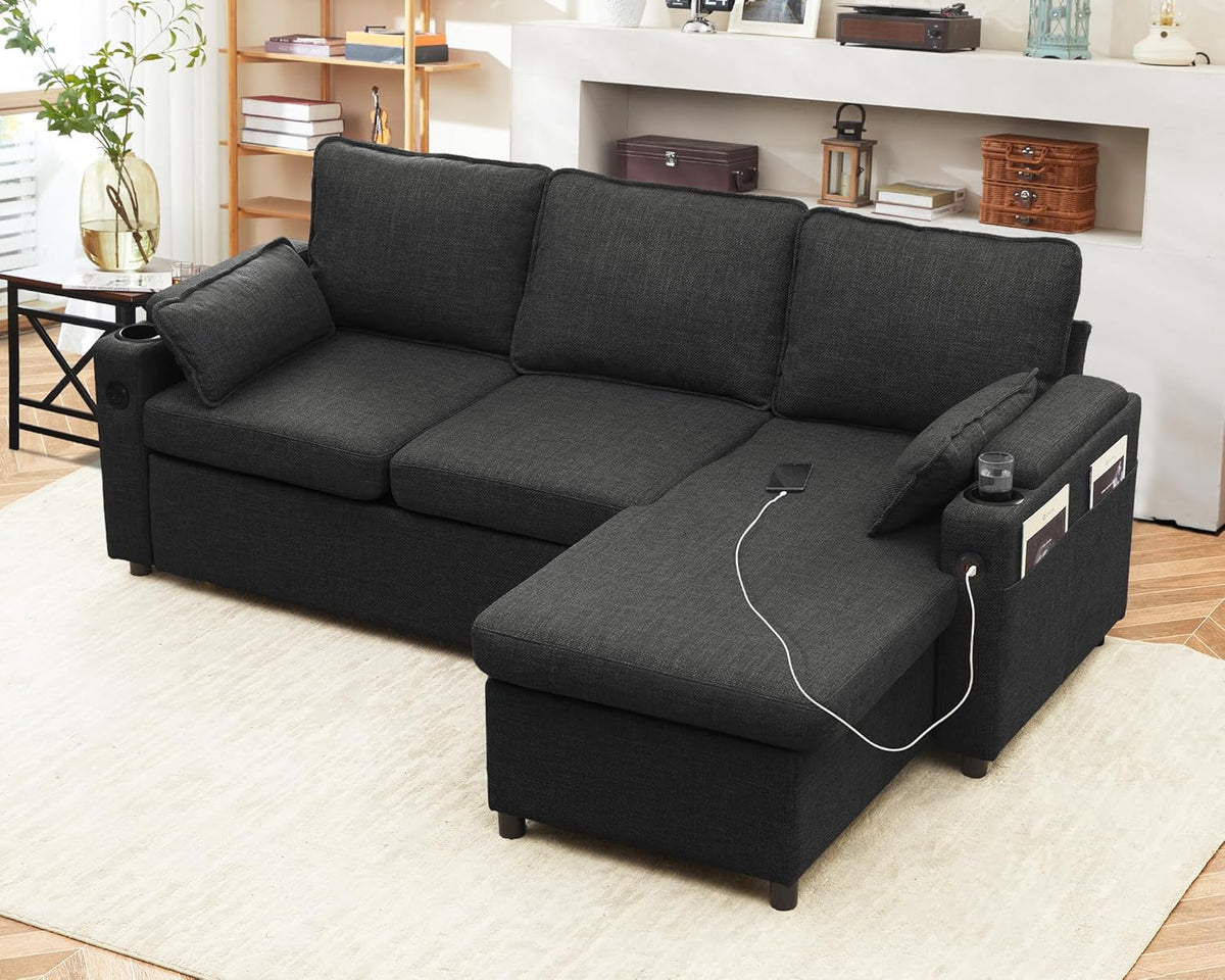 DURASPACE Sofá cama extraíble 2 en 1, sofá seccional con almacenamiento, USB, portavasos, función de dormir y arcón, sofá esquinero con espacio de almacenamiento para apartamento, sala de estar (gris oscuro)