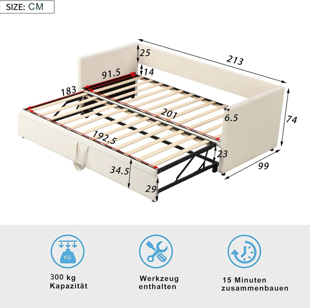 Sofá cama de 200 cm de ancho, sofá cama extraíble, cama abatible con sofá, cama Murphy de 90/180 x 200 cm, cama tapizada tipo diván extraíble con somier, cama de matrimonio, tela de terciopelo, sin colchón (beige)