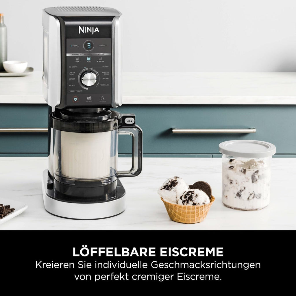 Ninja CREAMi Deluxe Heladera y máquina de bebidas heladas con 2 recipientes, 10 funciones, prepara helado, gelato, sorbete, yogur helado, batidos, granizados y más, opción de 2 sabores en 1, plateado, NC502EU