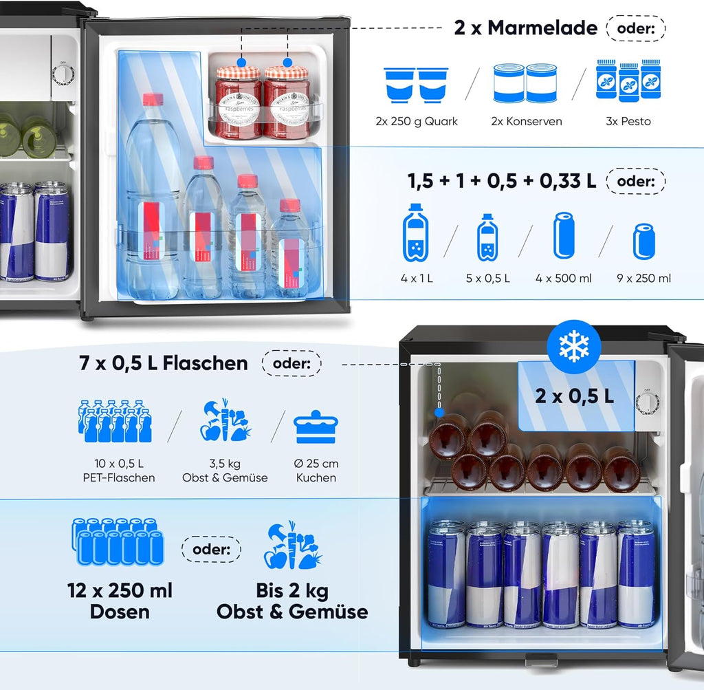 Mininevera Stillstern E 45L con descongelación automática, cerradura, compartimento de congelación, silenciosa, ideal para cocina, oficina, dormitorio, hoteles y apartamentos pequeños, frigorífico pequeño, minibar, nevera para bebidas