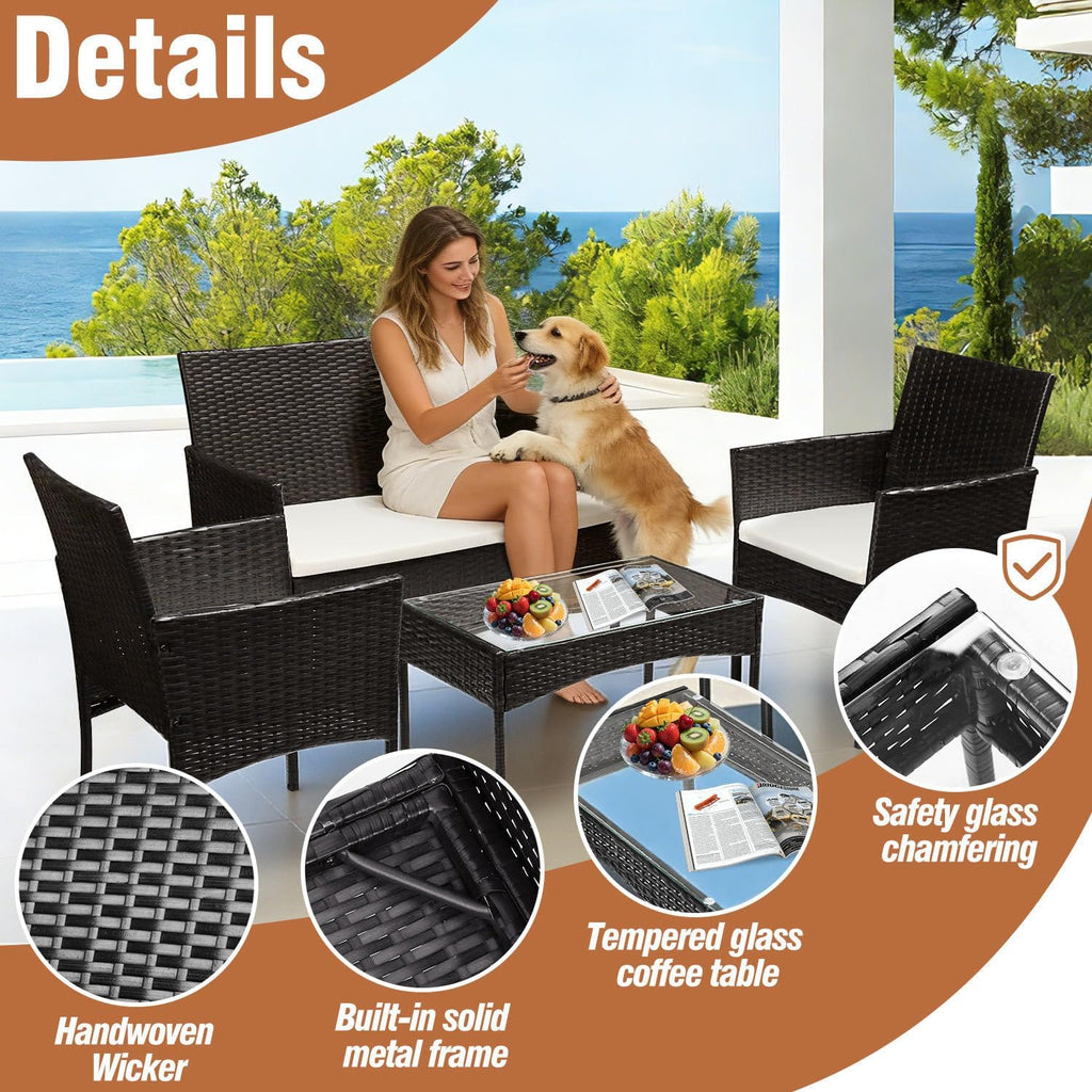Set de muebles de jardín de ratán sintético para 4 personas, con sofá de 2 plazas, 2 sillas, mesa y cojines, resistente a la intemperie, conjunto de muebles de terraza y balcón en negro para jardín, patio y balcón