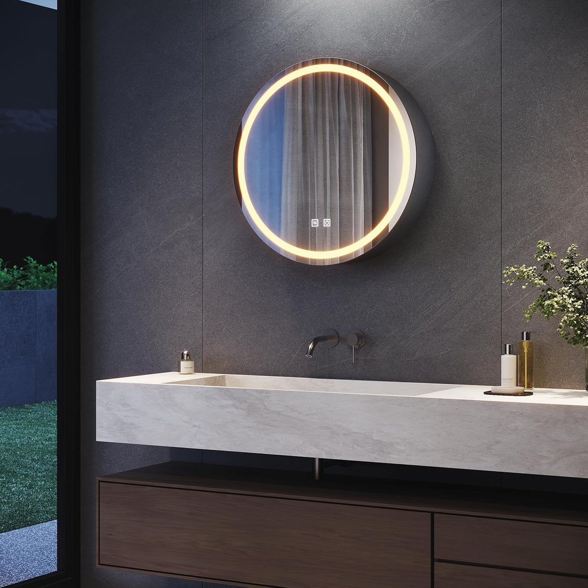 SONNI Armario de baño con espejo e iluminación, 3 colores de luz ajustables, antivaho, armario de baño redondo con enchufe, armario de baño con espejo y estante, botiquín 60 cm gris oscuro