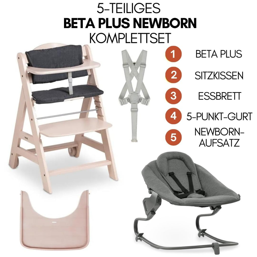 hauck Trona Beta+ Newborn Set Premium Dark Grey - Set de trona para bebé desde el nacimiento con accesorio para recién nacido Bouncer, cojín de asiento y bandeja - Gris oscuro