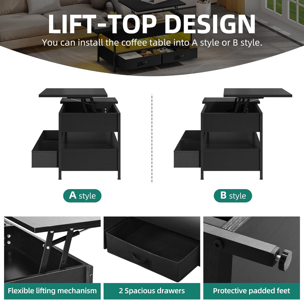 Mesa de centro elevable YITAHOME, mesa de salón con compartimento de almacenamiento oculto para sala de estar u oficina, mesa de centro con almacenamiento, 2 cajones y tira de luz LED, 106 x 50 x 51,5 cm