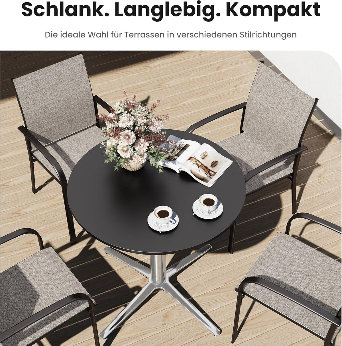 PHI VILLA Mesa de bistró 2 en 1 redonda, resistente a la intemperie, mesa de comedor pequeña multifuncional para taberna, jardín, balcón, cocina, Ø76x74,5 cm, negro