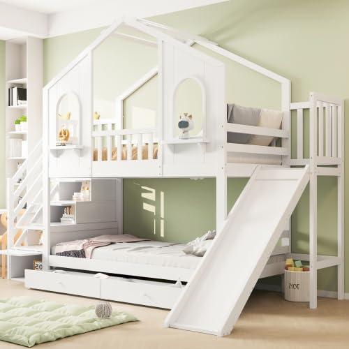 Cuna litera 90x200, cama alta en forma de casa con tobogán, escalera de almacenamiento, 2 cajones, ventanas y tejado, litera cama doble de madera con somier y protección anticaídas, pino, sin colchón, blanco