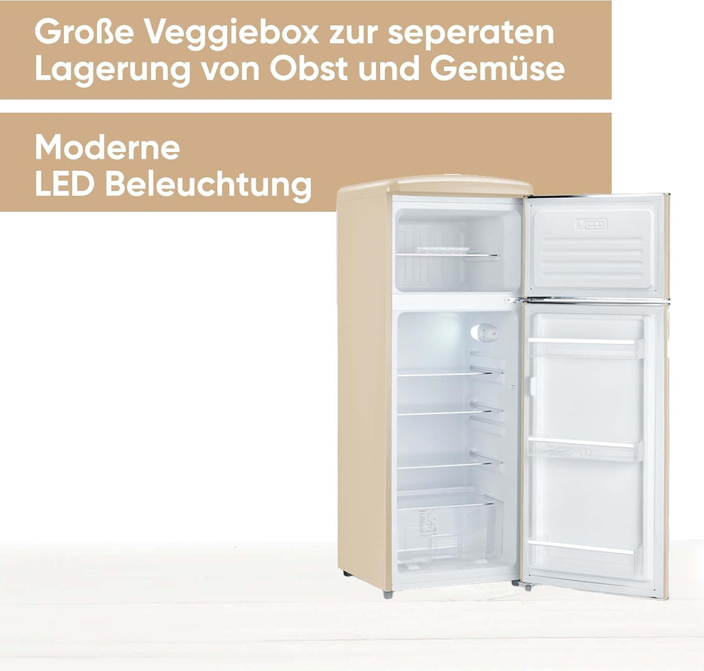 SEVERIN Retro - Frigorífico combi, compacto y eficiente, 4 estantes ajustables en altura y una gran cajonera para verduras, 206 L de capacidad útil, color crema, RKG 8933