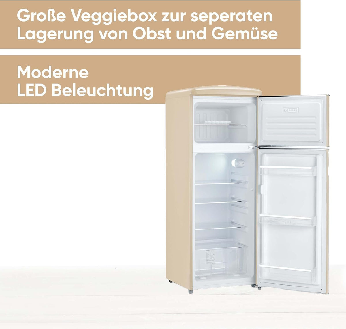 SEVERIN Retro - Frigorífico combi, compacto y eficiente, 4 estantes ajustables en altura y una gran cajonera para verduras, 206 L de capacidad útil, color crema, RKG 8933