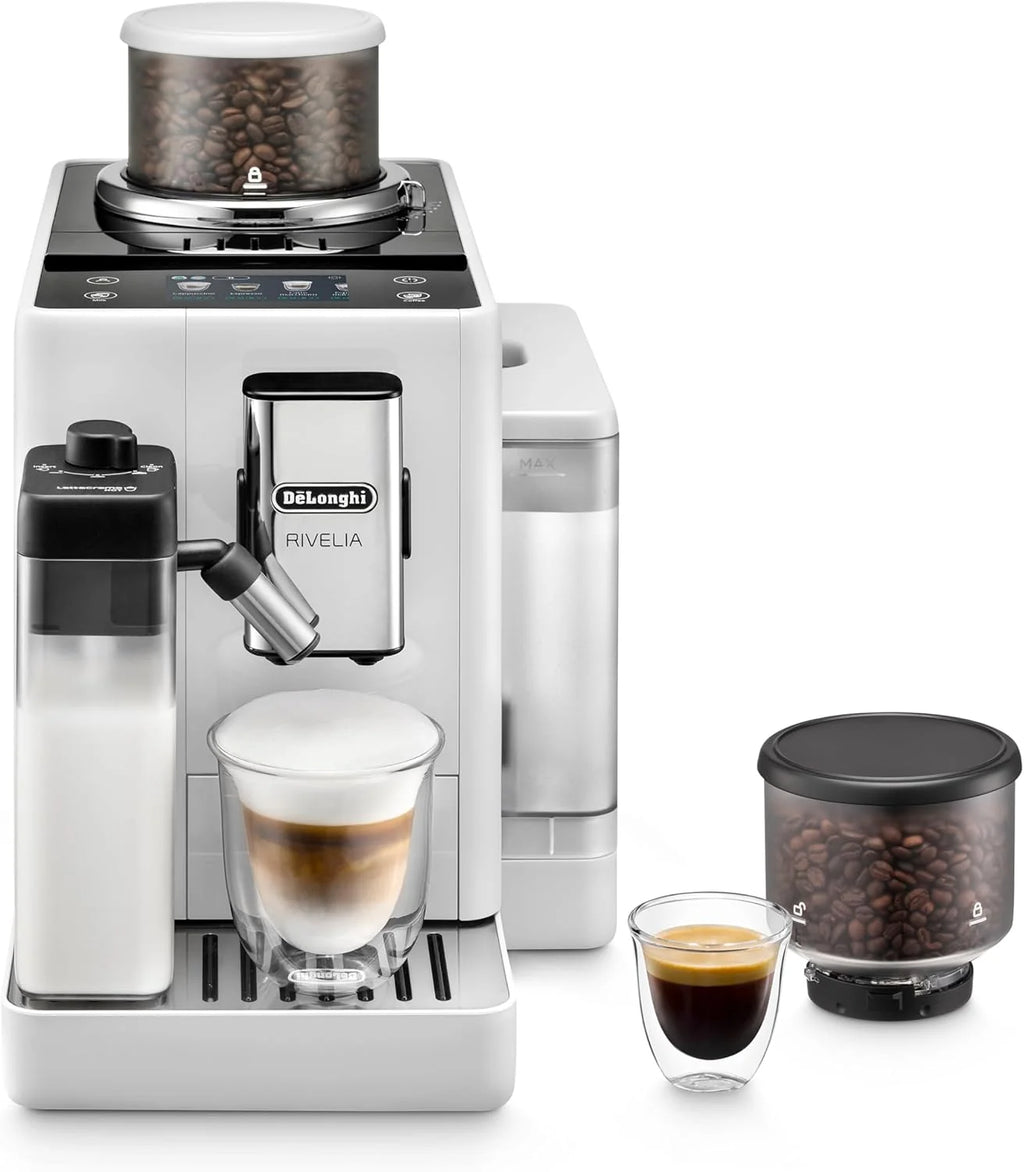 De'Longhi Rivelia EXAM440.55.W, superautomatyczny ekspres do kawy z LatteCrema Hot, automatyczny spieniacz do mleka, kompaktowy rozmiar, 16 przepisów, kolorowy ekran dotykowy, arktyczna biel