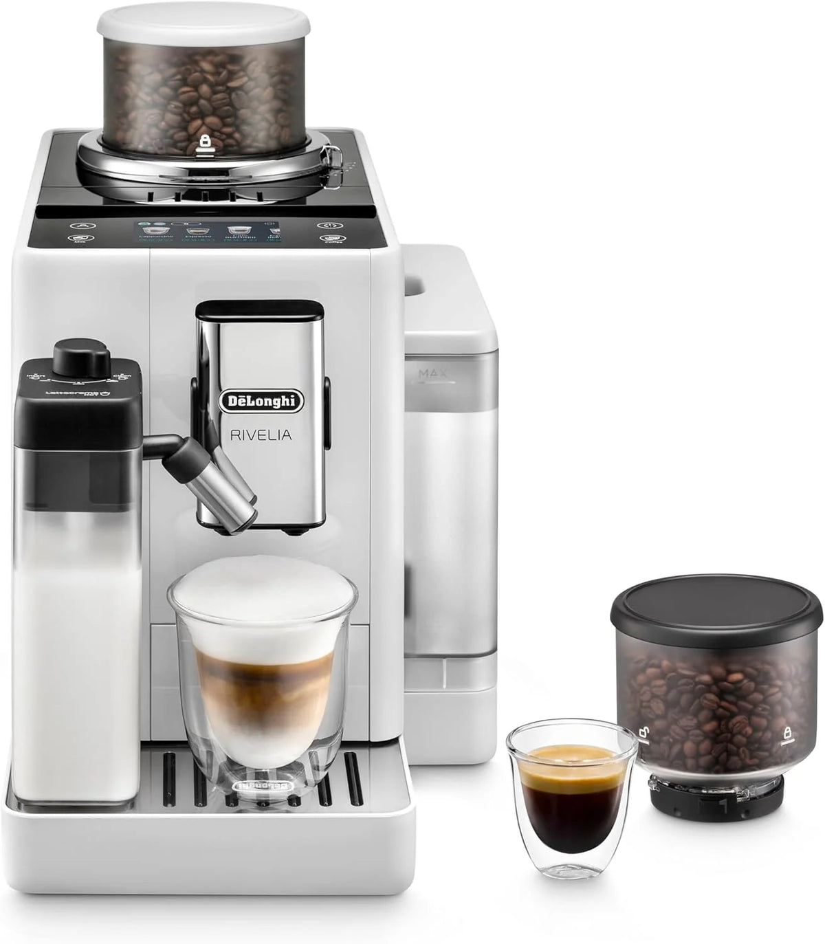 De'Longhi Rivelia EXAM440.55.W, superautomatyczny ekspres do kawy z LatteCrema Hot, automatyczny spieniacz do mleka, kompaktowy rozmiar, 16 przepisów, kolorowy ekran dotykowy, arktyczna biel