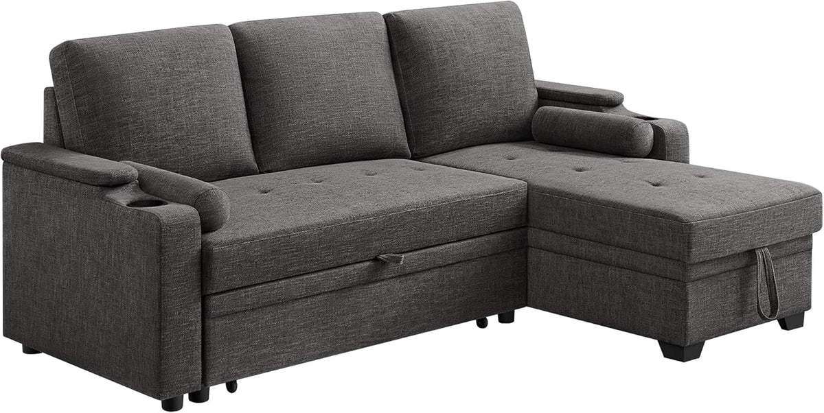 Sofá cama VASAGLE, sofá, sofá cama con espacio de almacenamiento, muebles tapizados, funda de mezcla de algodón y lino, portavasos, moderno, habitación de invitados, gris LCS801G01