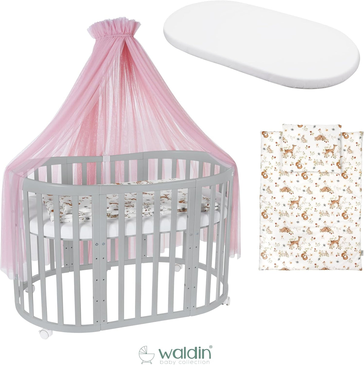 Cuna ovalada evolutiva Waldin, set completo 7 en 1, cuna de barrotes, cama infantil con colchón, cambiador, cuna colecho, madera blanca