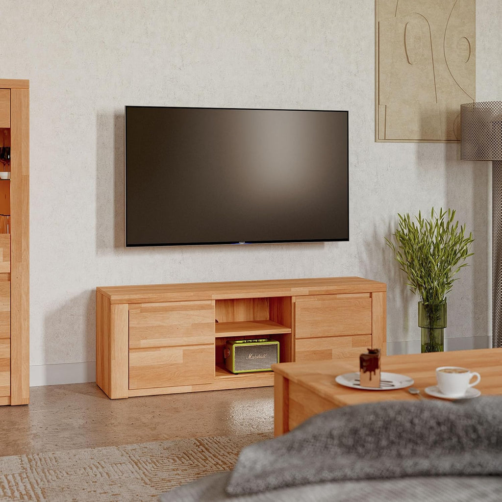 Mueble bajo para TV Kiki design Livigno de madera de haya núcleo parcialmente maciza aceitada, diseño sin tiradores, mueble de TV moderno con gran espacio de almacenamiento para su salón, con certificación FSC -