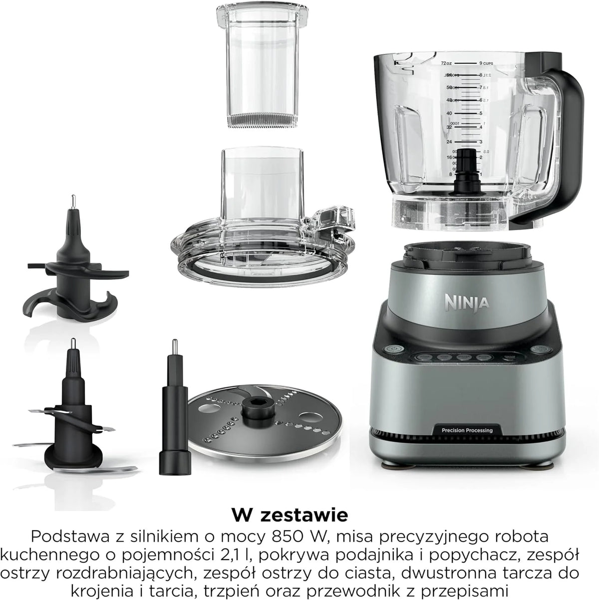 Ninja PrecisionPro robot kuchenny 2,1 l, 4 automatyczne ustawienia wstępne i ręczne ustawienia, przygotuj ciasto na pizzę i chleb, kroi warzywa i inne części nadające się do mycia w zmywarce, czarny