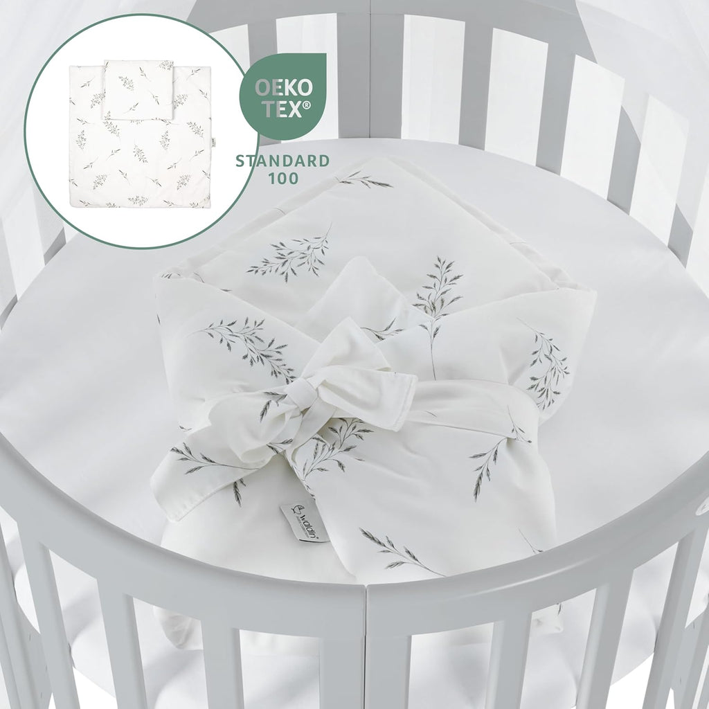 Cuna ovalada evolutiva Waldin, set completo 7 en 1, cuna de barrotes, cama infantil con colchón, cambiador, cuna colecho, madera blanca