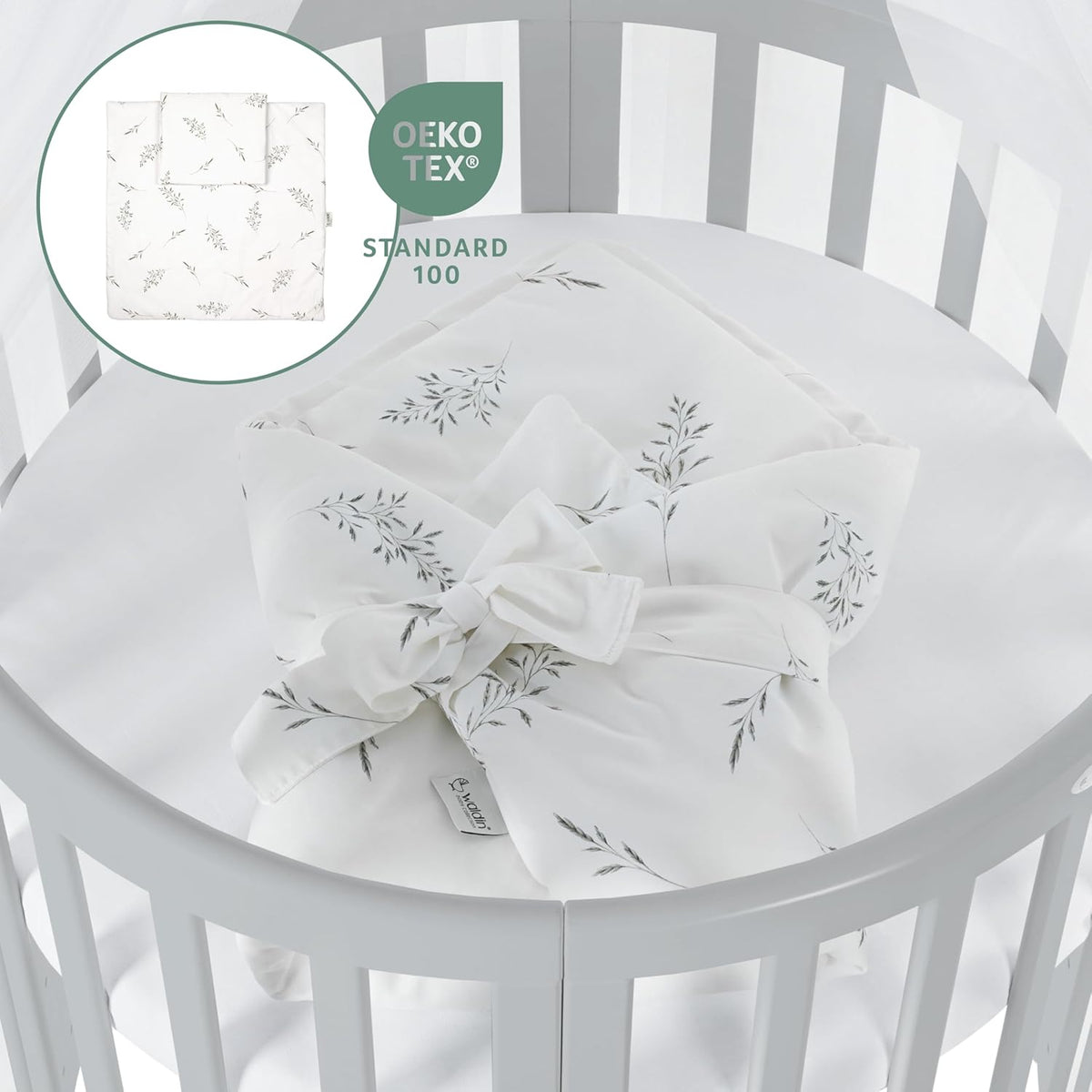Cuna ovalada evolutiva Waldin, set completo 7 en 1, cuna de barrotes, cama infantil con colchón, cambiador, cuna colecho, madera blanca