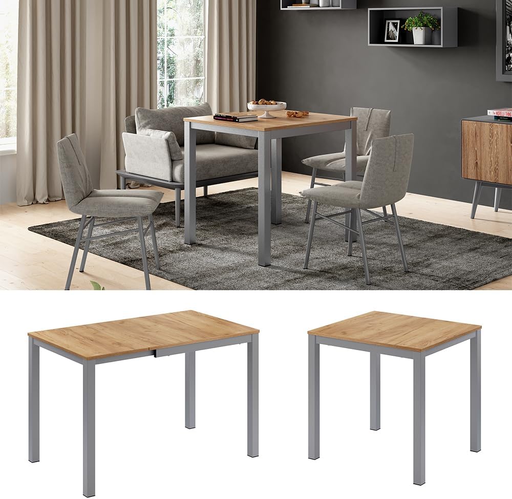 Mesa de comedor Vicco Granny, roble/gris, 120 x 70 cm extensible, con función de extensión para longitudes de mesa variables