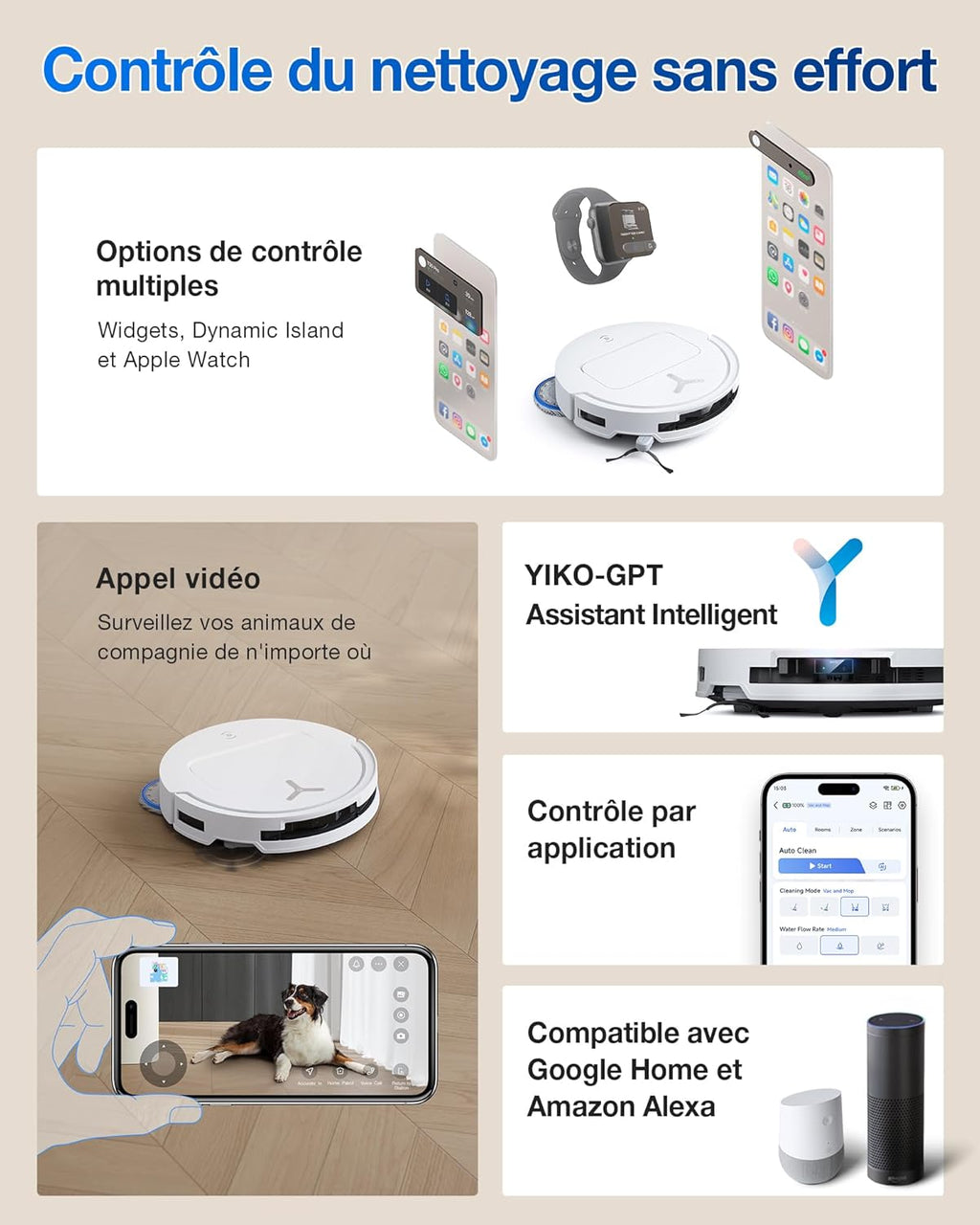 Robot aspirador ECOVACS T50 Pro Omni, 15000Pa mejorado respecto al T30 Pro Omni, cepillo lateral y mopa extensibles, adición automática de solución de limpieza, lavado con agua caliente a 75℃, blanco