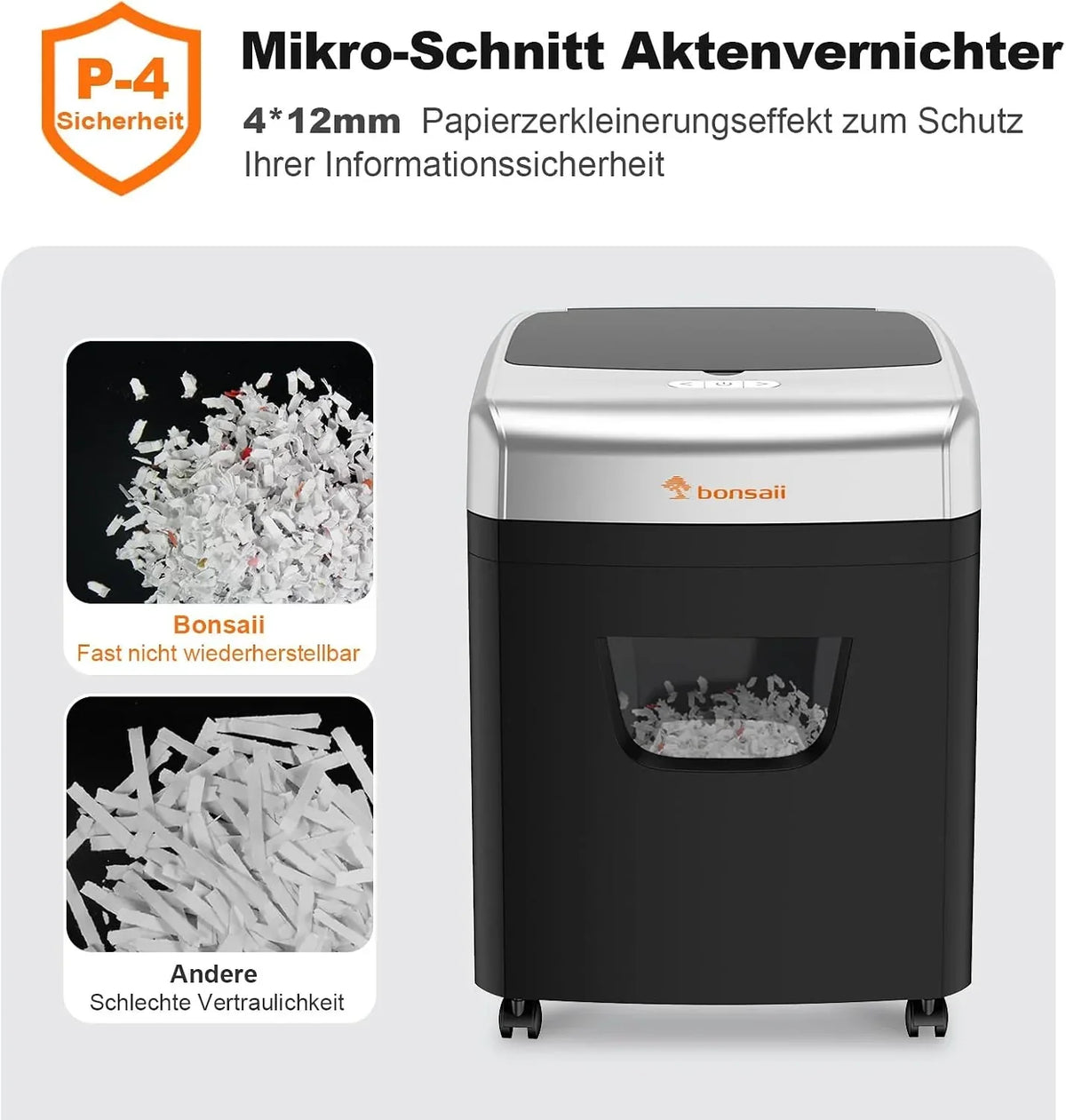 Destructora de papel C233-B con alimentación automática de 120 hojas, corte en partículas P-4, depósito de 23 L, 62 dB y 4 ruedas