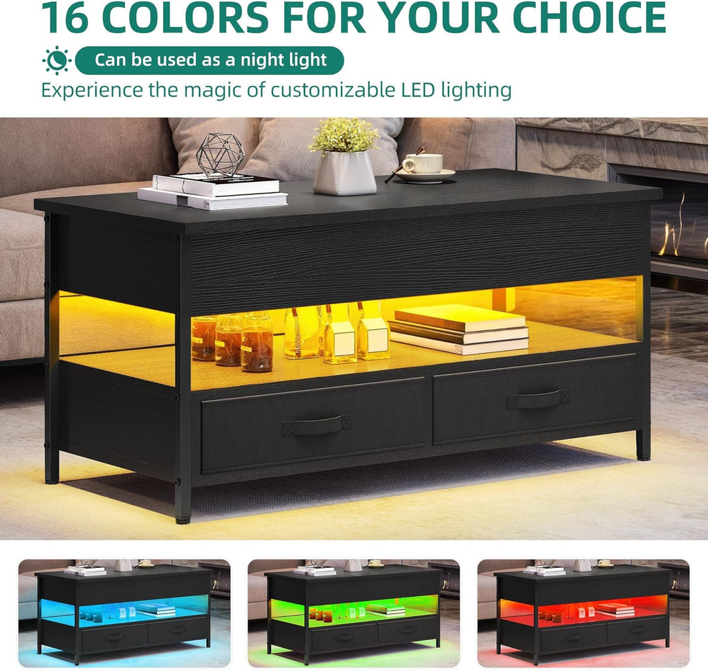 Mesa de centro elevable YITAHOME, mesa de salón con compartimento de almacenamiento oculto para sala de estar u oficina, mesa de centro con almacenamiento, 2 cajones y tira de luz LED, 106 x 50 x 51,5 cm