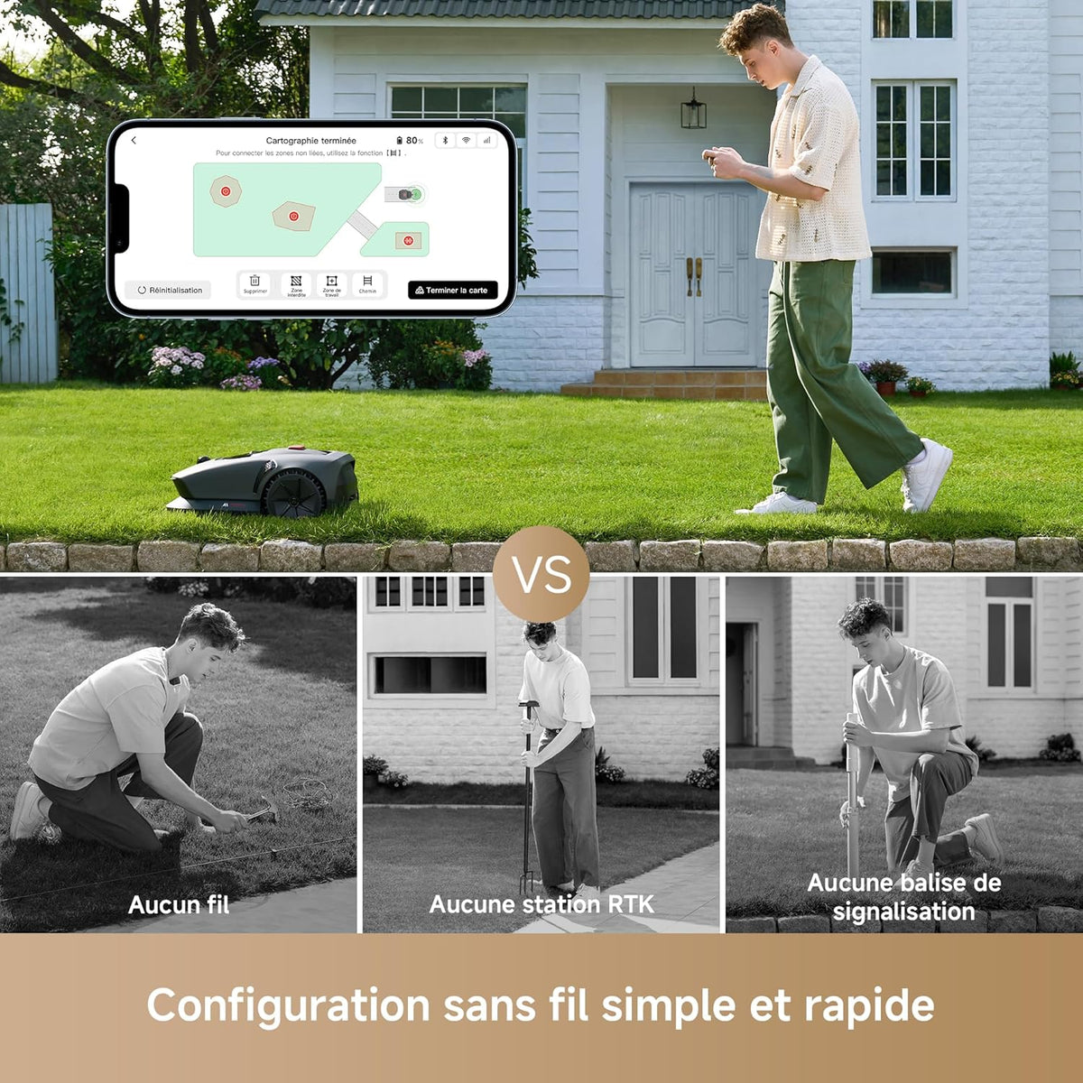 Robot cortacésped inalámbrico MOVA 600, cartografía LiDAR 3D de 360° hasta 600 m², evitación inteligente de obstáculos. Control por aplicación, corte en U, silencioso, alertas de seguridad.