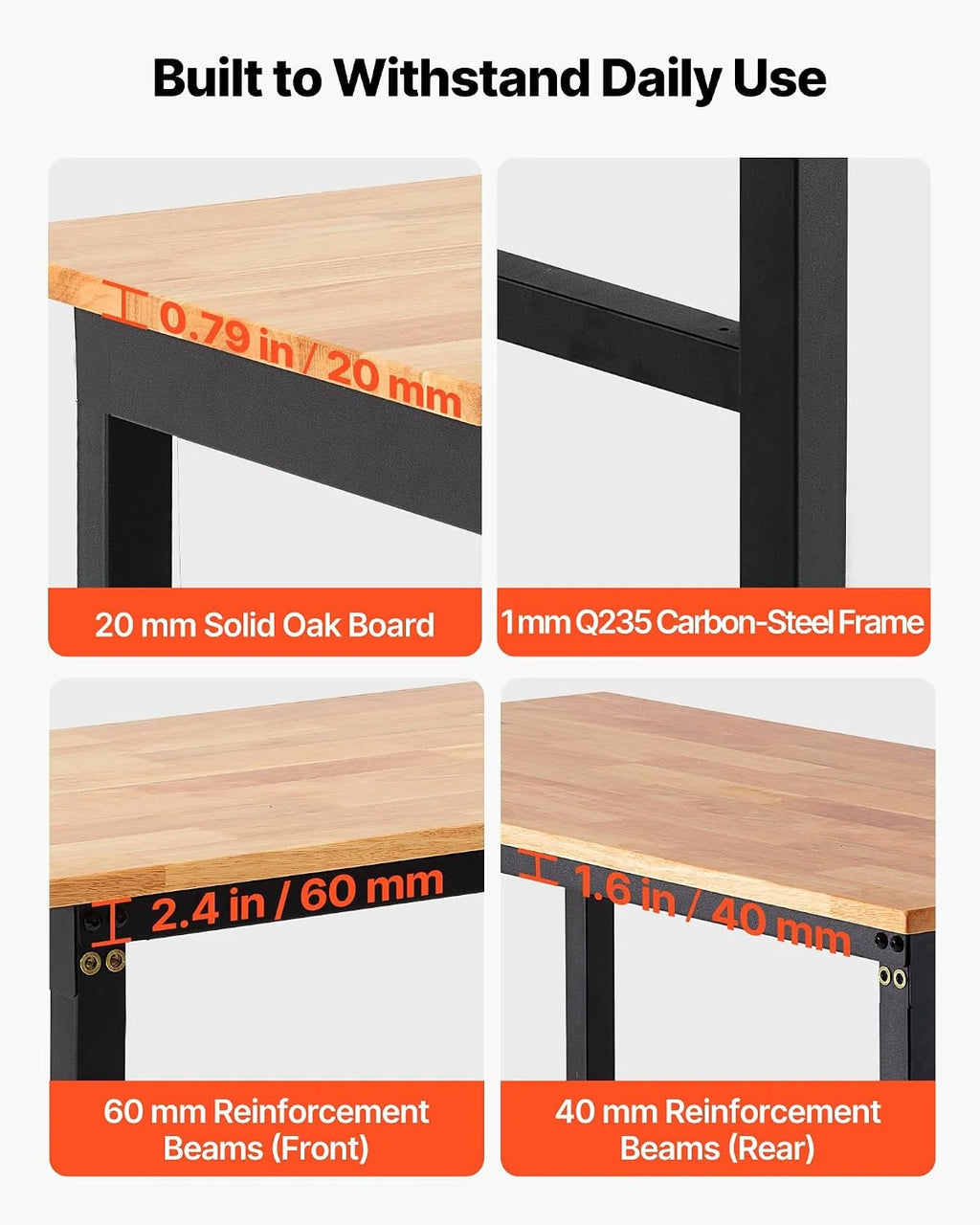 VEVOR Regulowany stół warsztatowy, nośność 680 kg, stół warsztatowy z drewna dębowego 122 x 61 cm, z regulacją wysokości 66-102 cm, drewniany stół roboczy