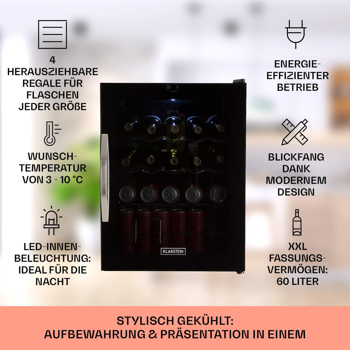 Mininevera Klarstein con puerta de cristal para habitaciones, refrigerador de bebidas con estantes ajustables, pequeño de 80 litros, frigorífico silencioso para interiores/exteriores