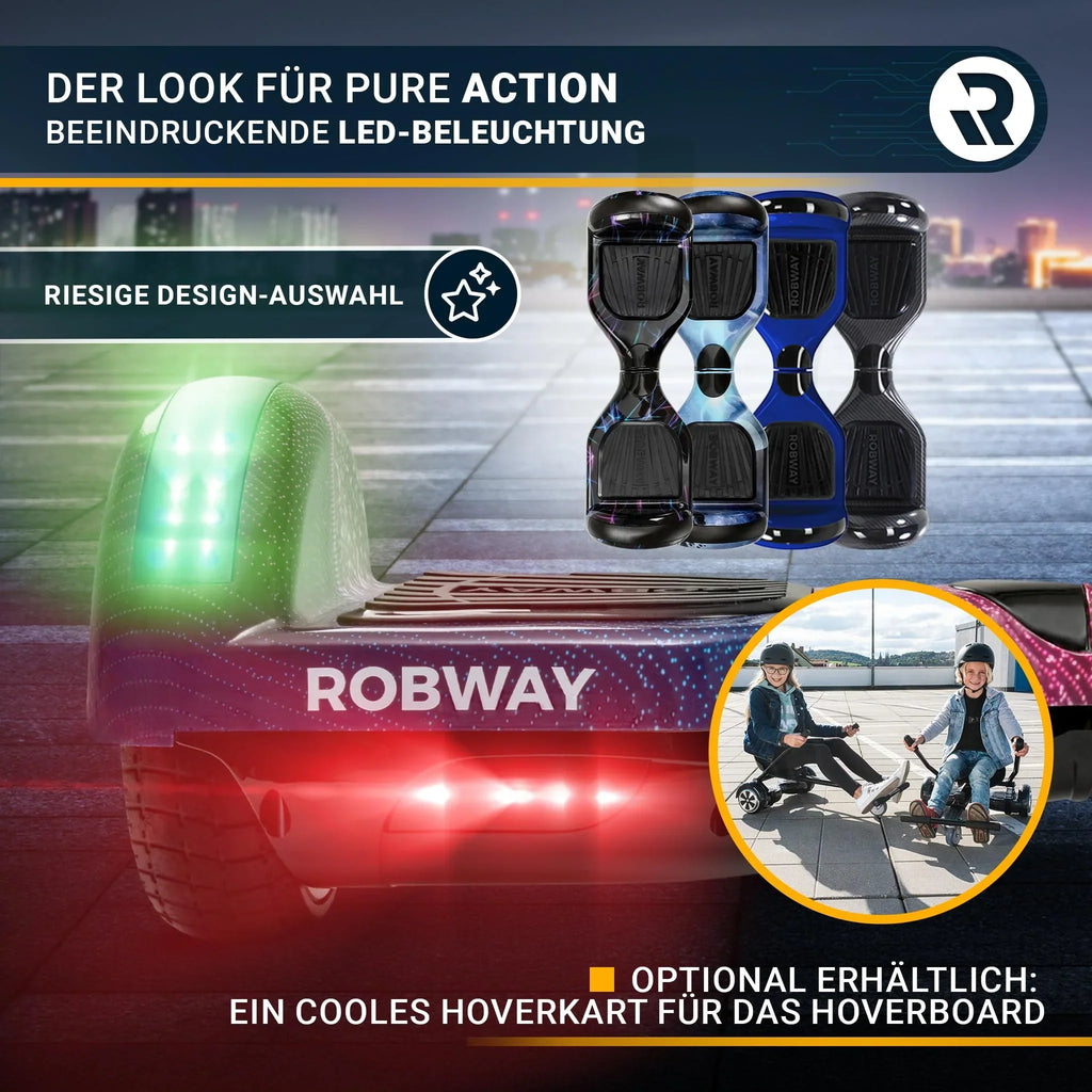 Hoverboard Robway W1 para niños, jóvenes y adultos, control por aplicación, 2 x 350 vatios, función de autoequilibrio, Bluetooth