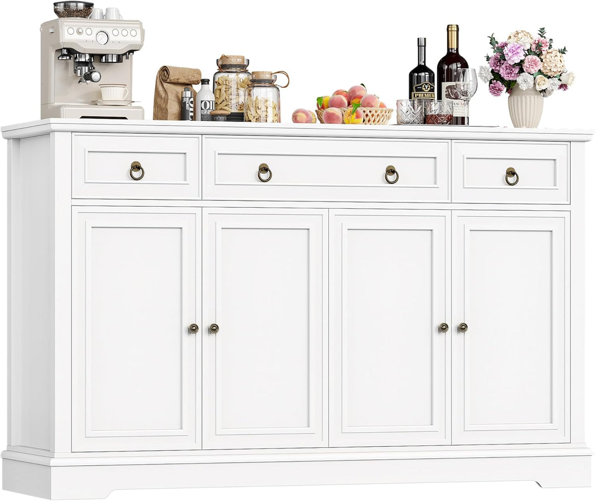 Aparador FirFurd, mueble de cocina con encimera, armario buffet para cocina y salón, mueble de salón con 3 cajones y 4 puertas, buffet de cocina con estante ajustable, 134x87x40 cm, blanco