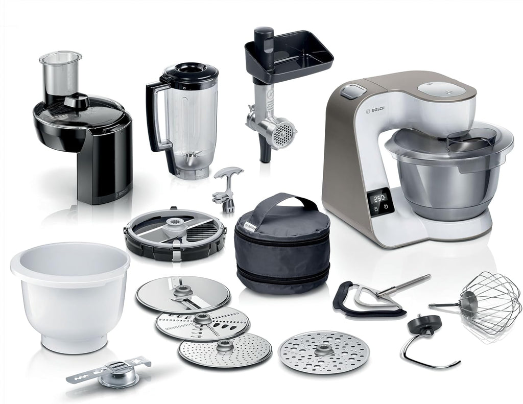 Procesador de alimentos Bosch Serie 4 con báscula, bol de acero inoxidable apto para lavavajillas, batidora, picadora de carne, sistema de mezclado planetario, cortador-rallador, 3 discos, cortador de dados, 1000 W, MUM5XL74