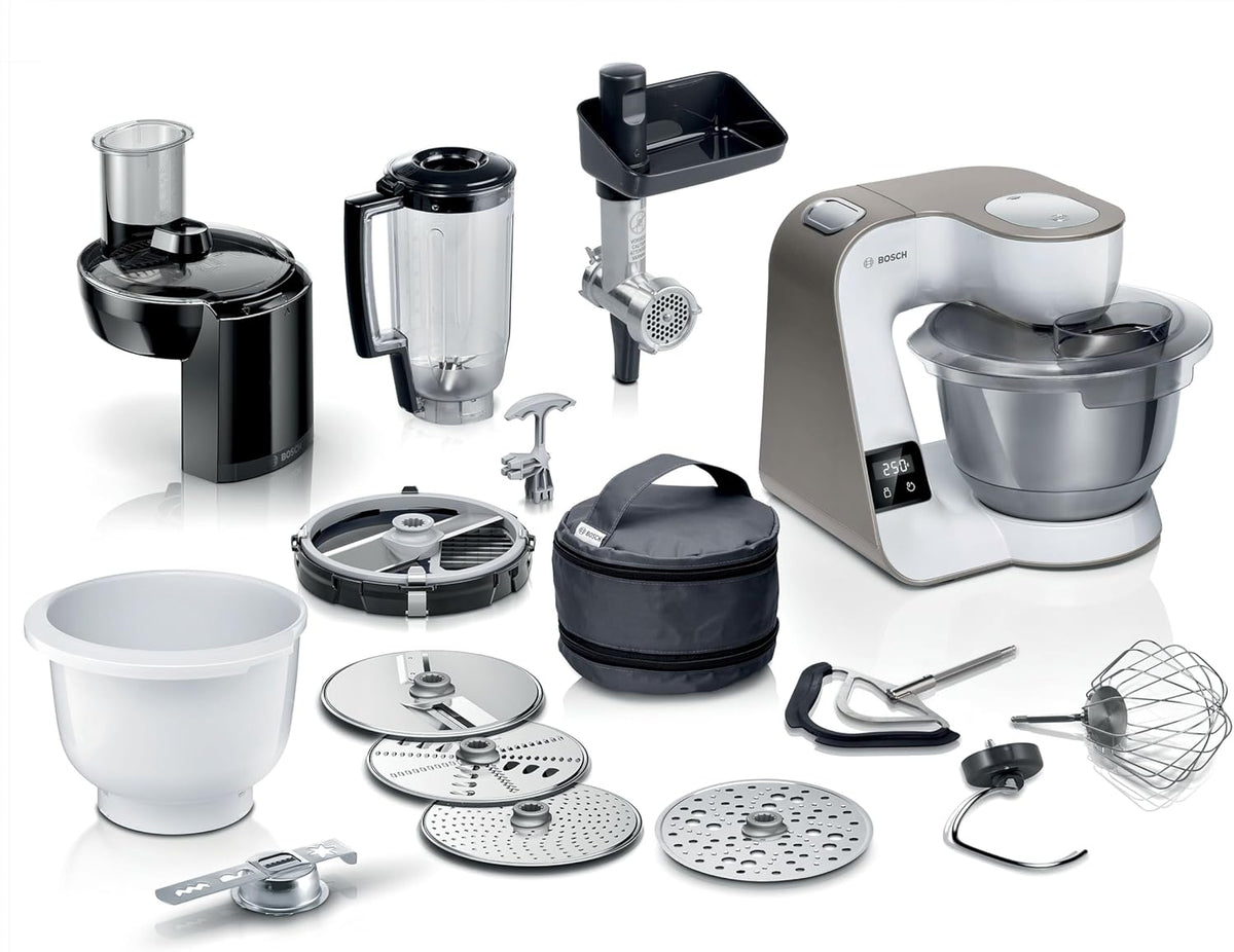 Procesador de alimentos Bosch Serie 4 con báscula, bol de acero inoxidable apto para lavavajillas, batidora, picadora de carne, sistema de mezclado planetario, cortador-rallador, 3 discos, cortador de dados, 1000 W, MUM5XL74
