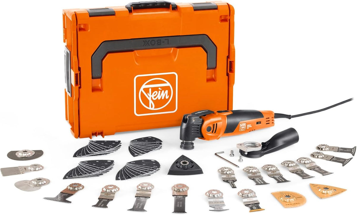 FEIN Multimaster MM 700 Max Top, nuestra mejor multiherramienta con 60 accesorios para serrar, lijar y cortar, 450 W, sistema antivibraciones, encastre StarlockMax, cambio de herramienta QuickIN