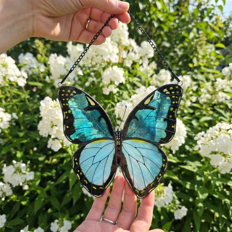 Atrapasueños de urania de bandas verdes hecho a mano en vidrio tintado, técnica de lámina de cobre Tiffany, decoración para ventana