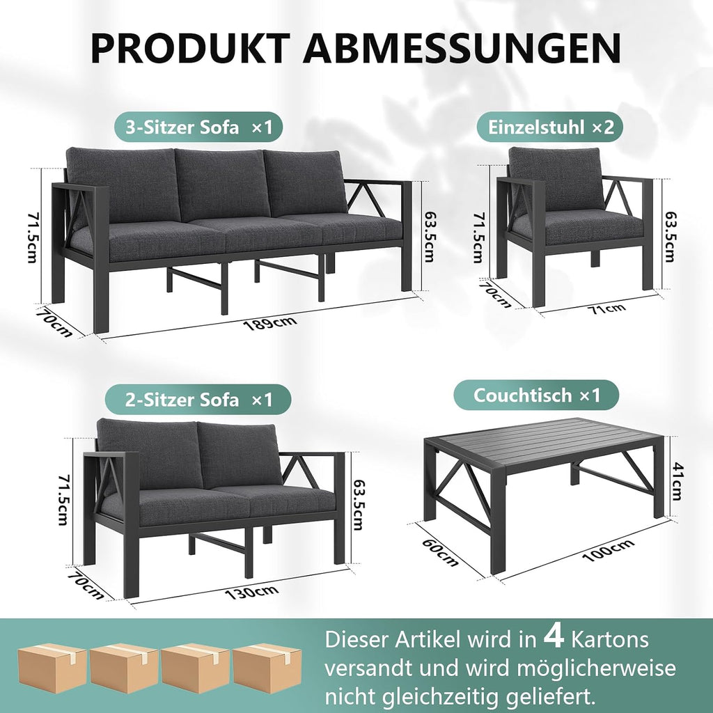 Conjunto de muebles de jardín de aluminio OMERAI de 5 piezas, incluye funda protectora impermeable para 7 personas, salón de jardín exterior con sofá, sillones y mesa, conjunto de jardín para jardín, terraza y balcón, gris oscuro