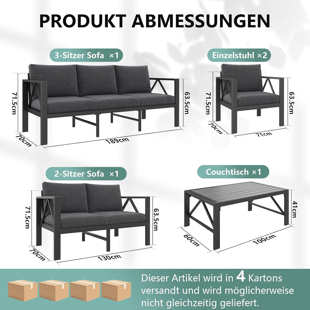 Conjunto de muebles de jardín de aluminio OMERAI de 5 piezas, incluye funda protectora impermeable para 7 personas, salón de jardín exterior con sofá, sillones y mesa, conjunto de jardín para jardín, terraza y balcón, gris oscuro
