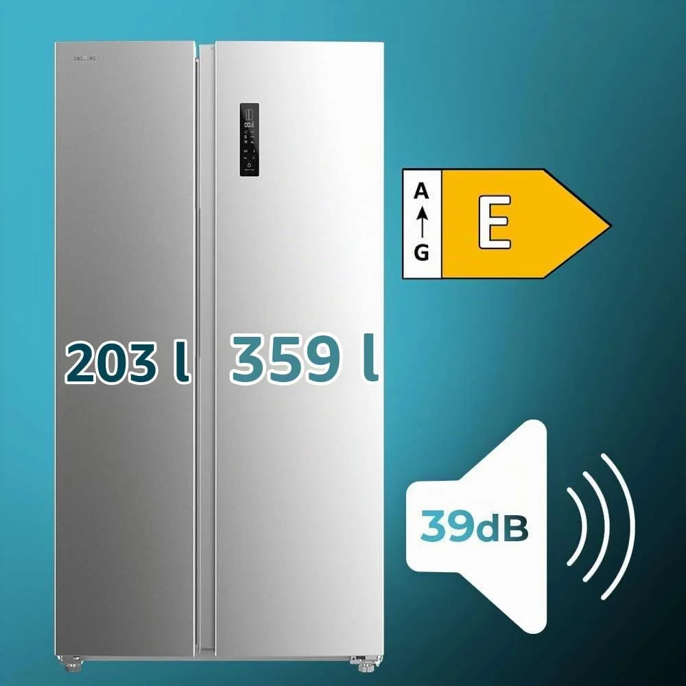 Cecotec Amerykańska lodówka Side By Side - 562 l - Bolero CoolMarket SBS 562 Inox E. 177 x 91,2 cm, kompresor Inverter Plus, niskie zużycie, No Frost, Multiairflow, szybkie chłodzenie, stal nierdzewna