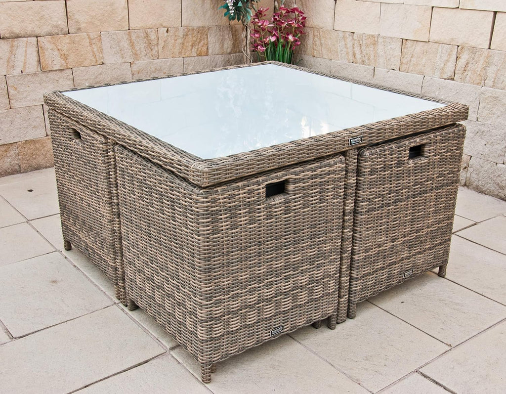 Ragnarök PolyRattan - Marca ALEMANA - Producción PROPIA - 8 años de garantía - Muebles de jardín, conjunto de comedor, mesa, 4 sillas, taburetes, 12 cojines, gris, aluminio inoxidable, natural, comedor, cubo, cristal