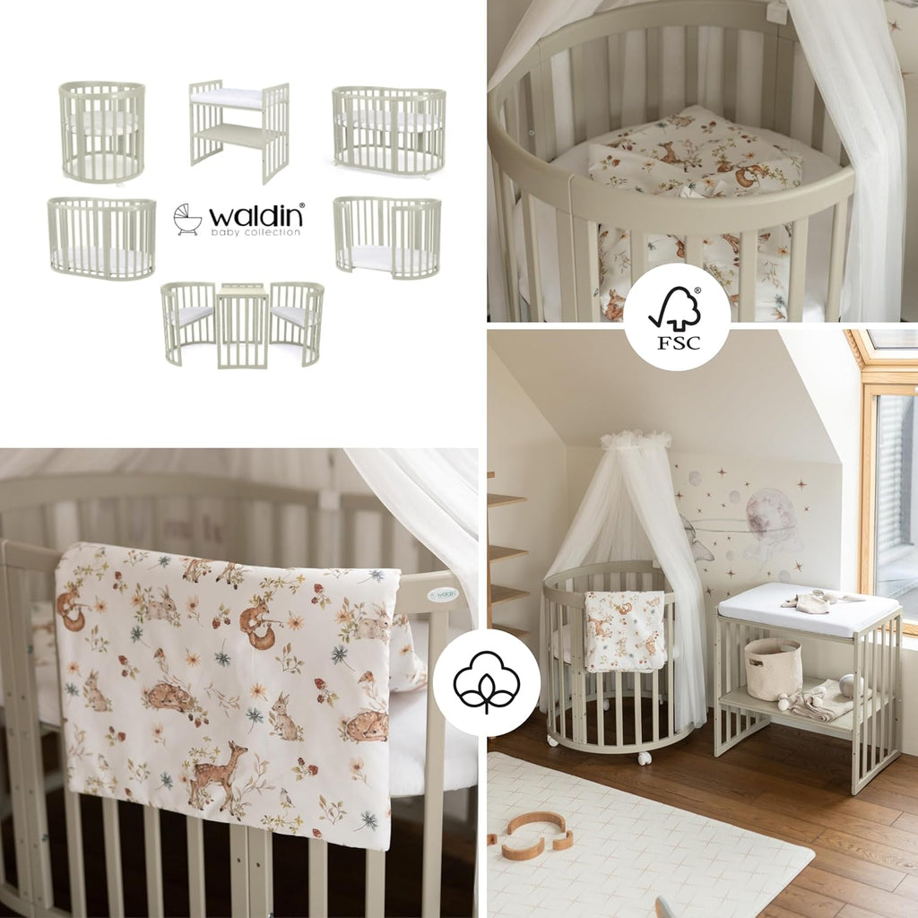 Cuna ovalada evolutiva Waldin, set completo 7 en 1, cuna de barrotes, cama infantil con colchón, cambiador, cuna colecho, madera blanca
