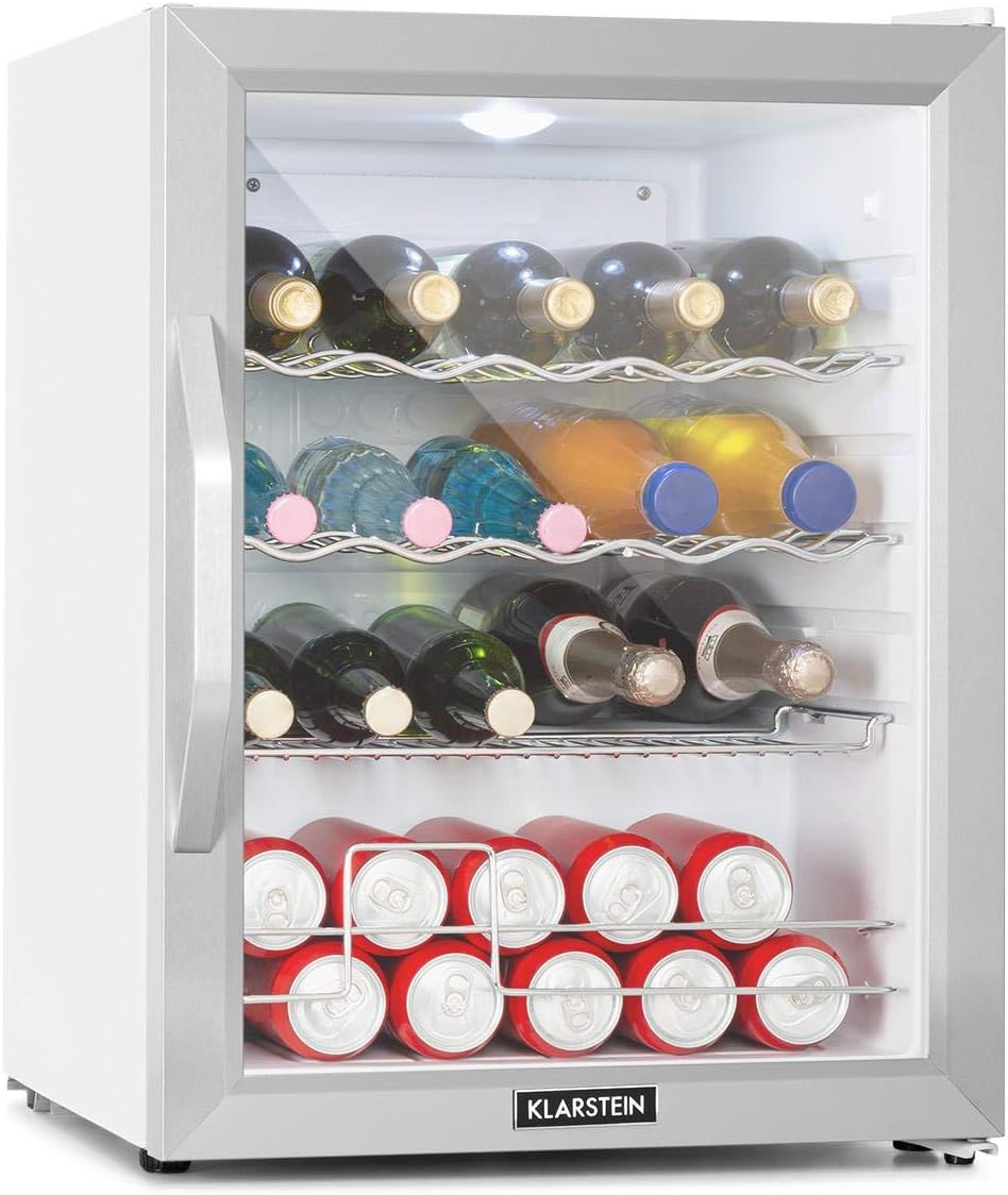 Mini refrigerador Klarstein con puerta de cristal, mini, para habitación, refrigerador de bebidas pequeño con estantes ajustables, con estantes ondulados, refrigerador silencioso de 60 litros
