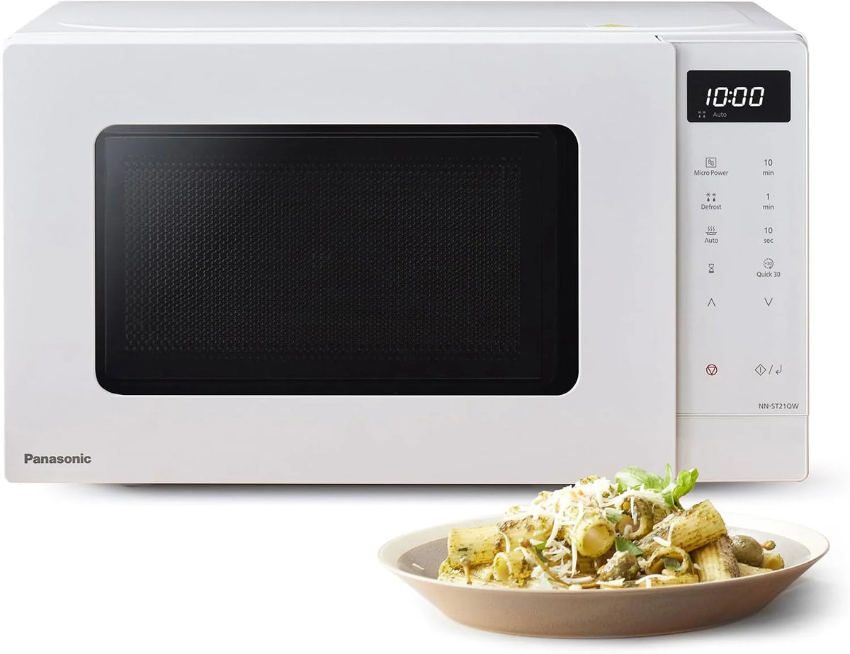Panasonic NN-ST21QWEPG Tylko kuchenka mikrofalowa 20 l ze szklanym naczyniem, 800 W, automatyczne rozmrażanie, 11 programów automatycznych, wyświetlacz LED, 5 ustawień zasilania, cyfrowy timer, biały