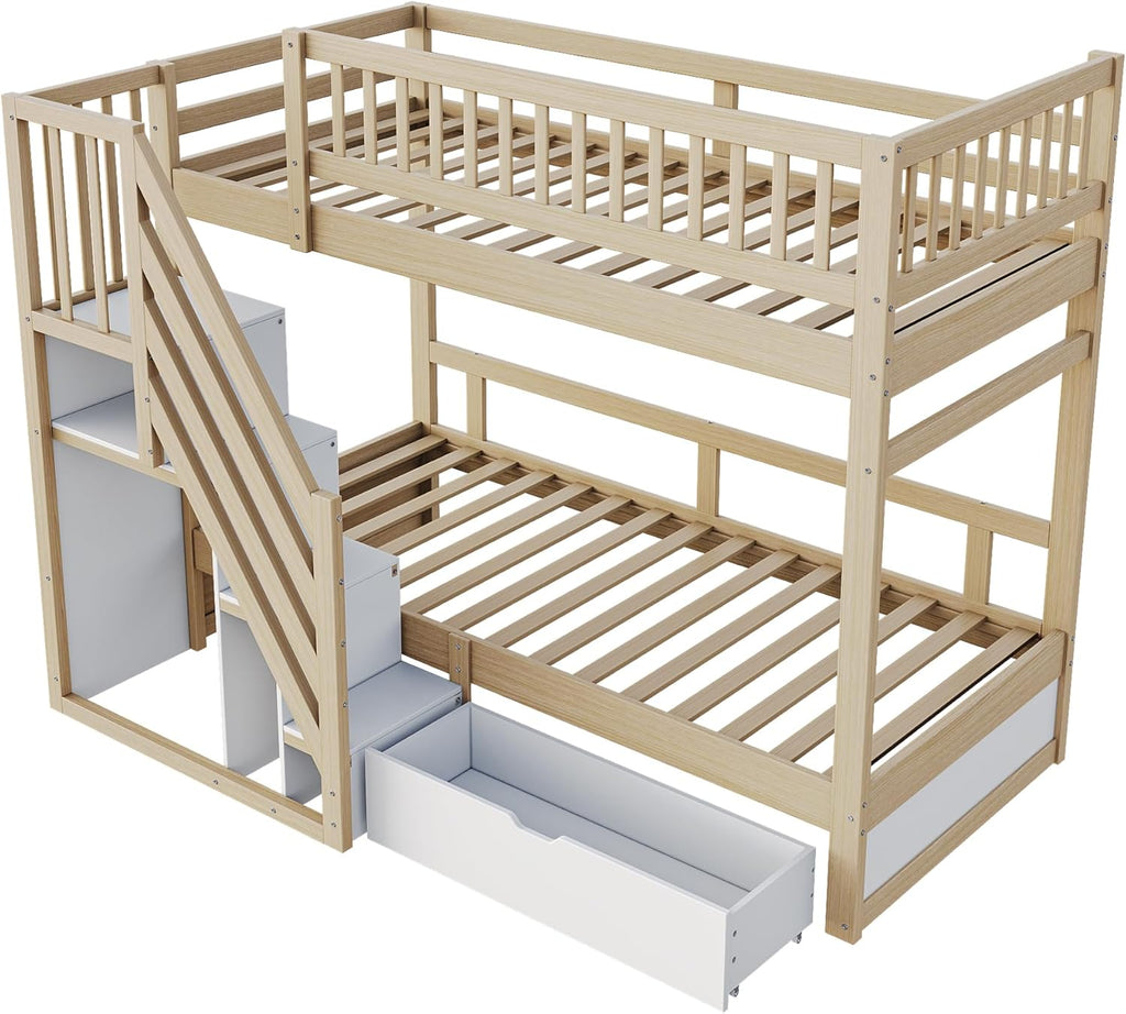 Litera 90x200 para 2 niños, cama alta infantil con escalera, armario de almacenamiento y cajón, cama funcional, litera, cama alta juvenil con 2 somieres, madera maciza, sin colchón, color madera