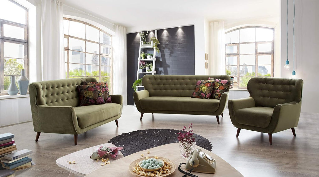 Sillón Abby de CAVADORE / Sillón tapizado retro con aspecto de terciopelo y botones decorativos / 87 x 89 x 88 / Aspecto de terciopelo, verde
